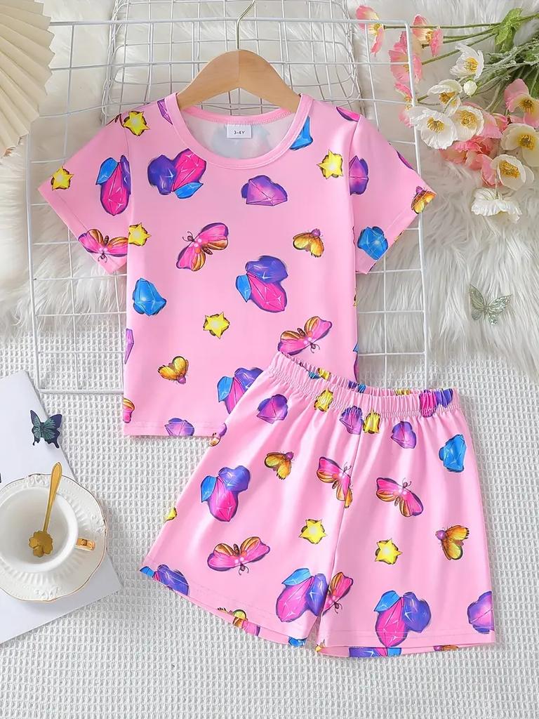 Летние костюмы для девочек, футболка с короткими рукавами и принтом бабочки, шорты, комплект одежды из 2 предметов, милый комплект детской одежды