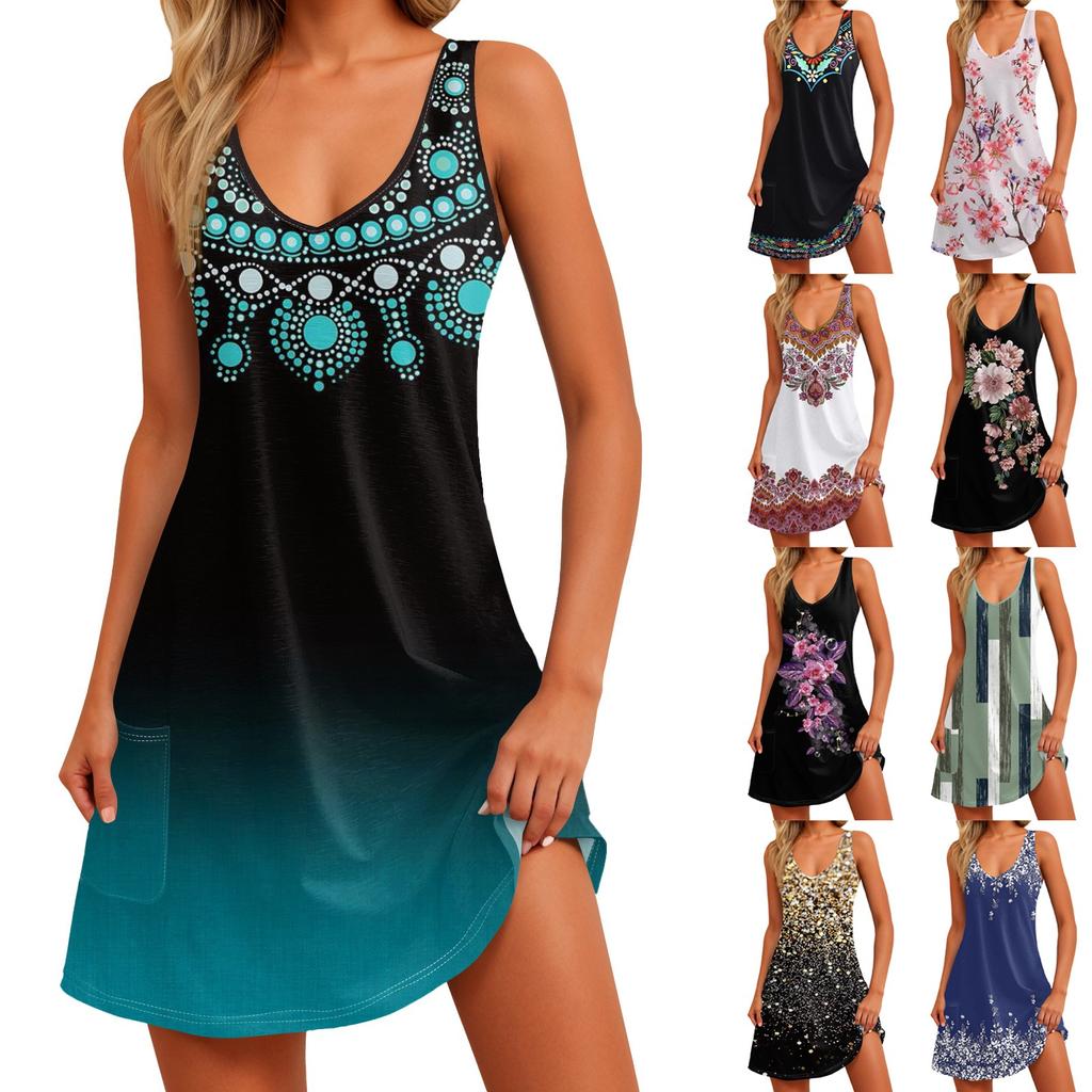 Women's Casual Sundress With Pockets Summer Boho Beach Dress Floral Blouses For Women T-Shirts Dress V Neck Loose Tank Dresses