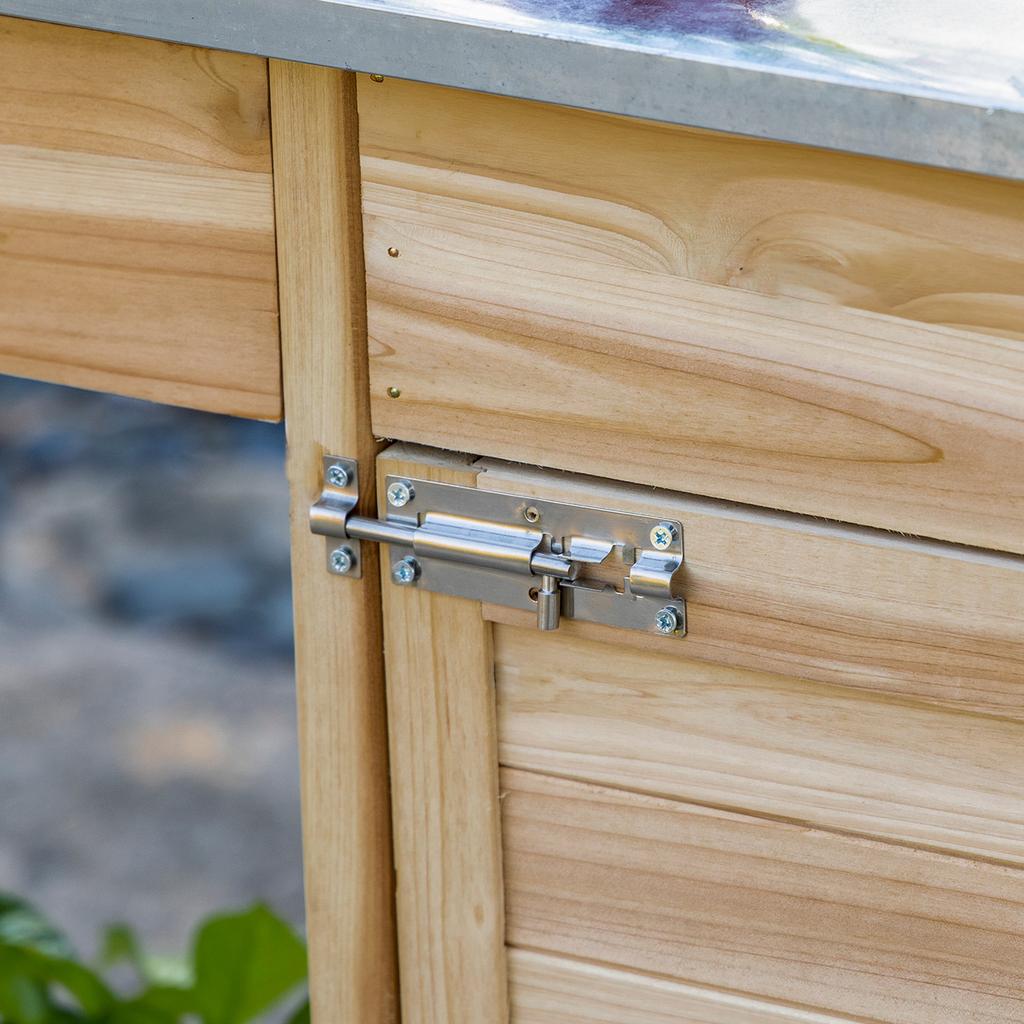 Potting Table Gardening Table with 2 Shelves, Drawer, Cupboard, Galvanised Steel Sheet Top with