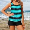 2Pcs/Set Women Tankini Set U-Neck Sleeveless Striped Print Tops Side Drawstring Swimming Shorts Set Split Swimsuit