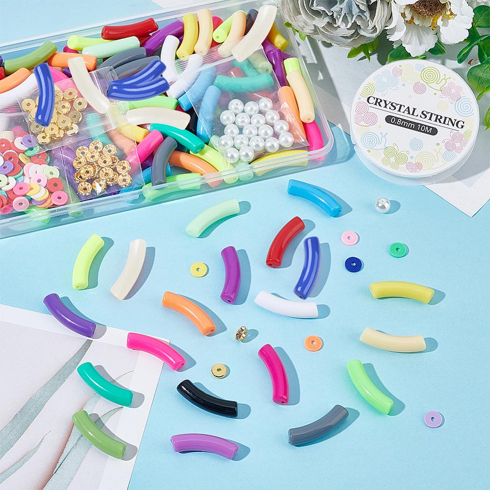 1set Curved Tube Chunky Bracelet Making Kit Including Acrylic & Glass Pearl & Brass & Iron Rhinestone & Polymer Clay Disc Beads Mixed Color