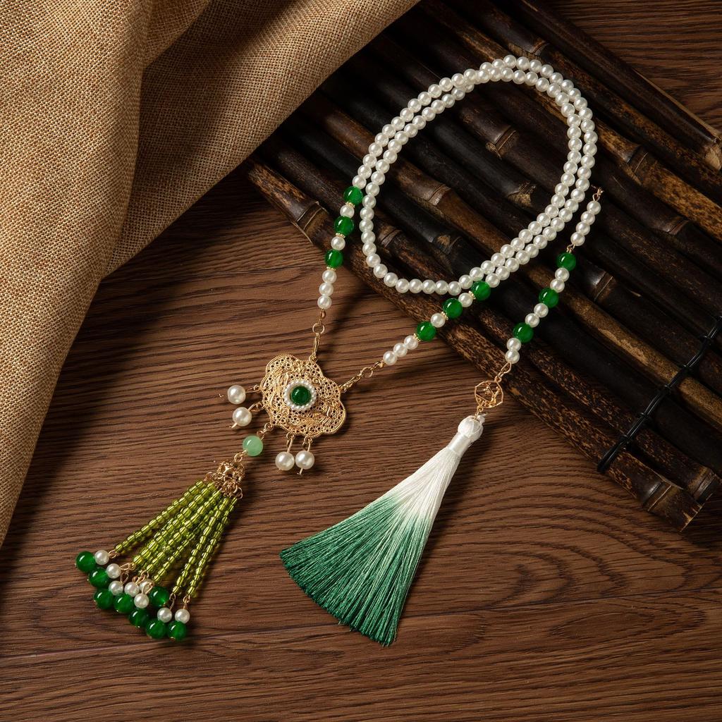 Horse Dress Yingluo Long Necklace Ming Ancient Style Cheongsam Accessories Ancient Clothing Back Cloud Green Gradual Change Fringed Sweater Chain