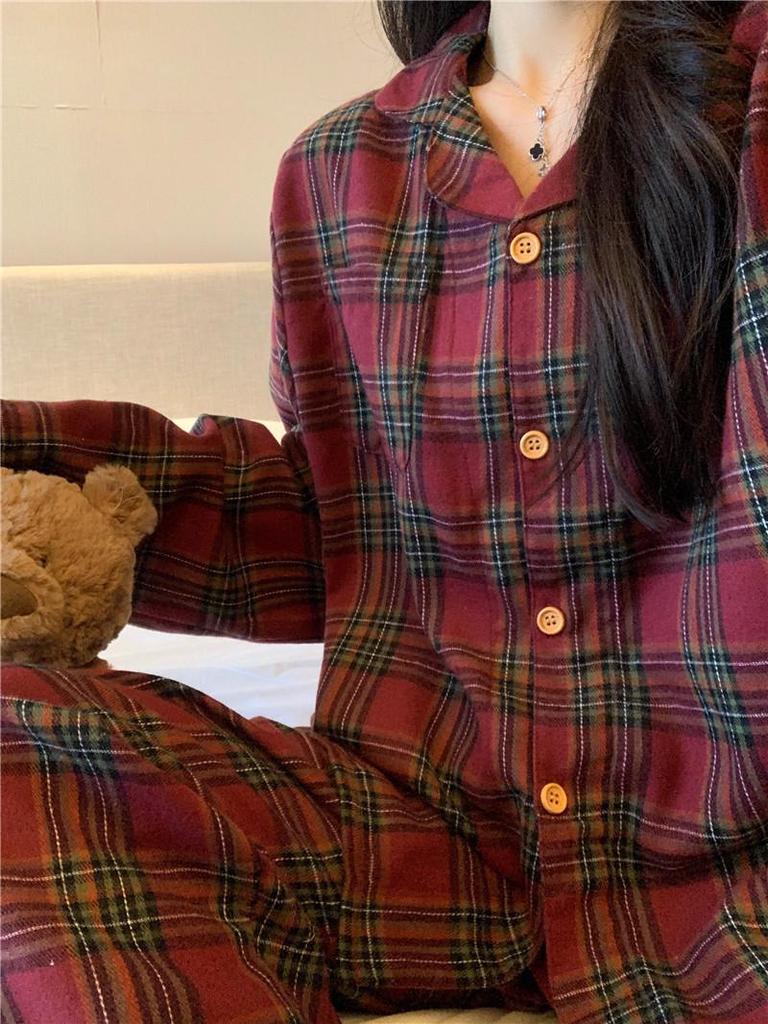 2024 Autumn Loose-Fit Couple Pajama Set - Long Sleeve Christmas Plaid Flannel Homewear