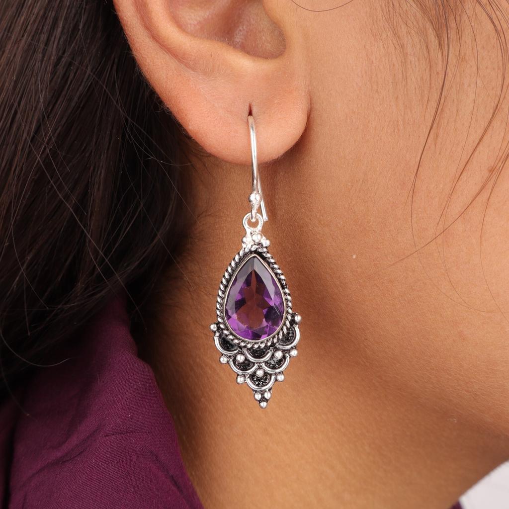 Natural Amethyst Gemstone 925 Sterling Silver Jewelry Handcrafted Earrings 1.9" EE-85-2