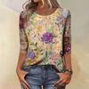 Модный винтажный топ с рукавом три четверти для женщин, женская повседневная блузка-футболка с круглым вырезом и принтом