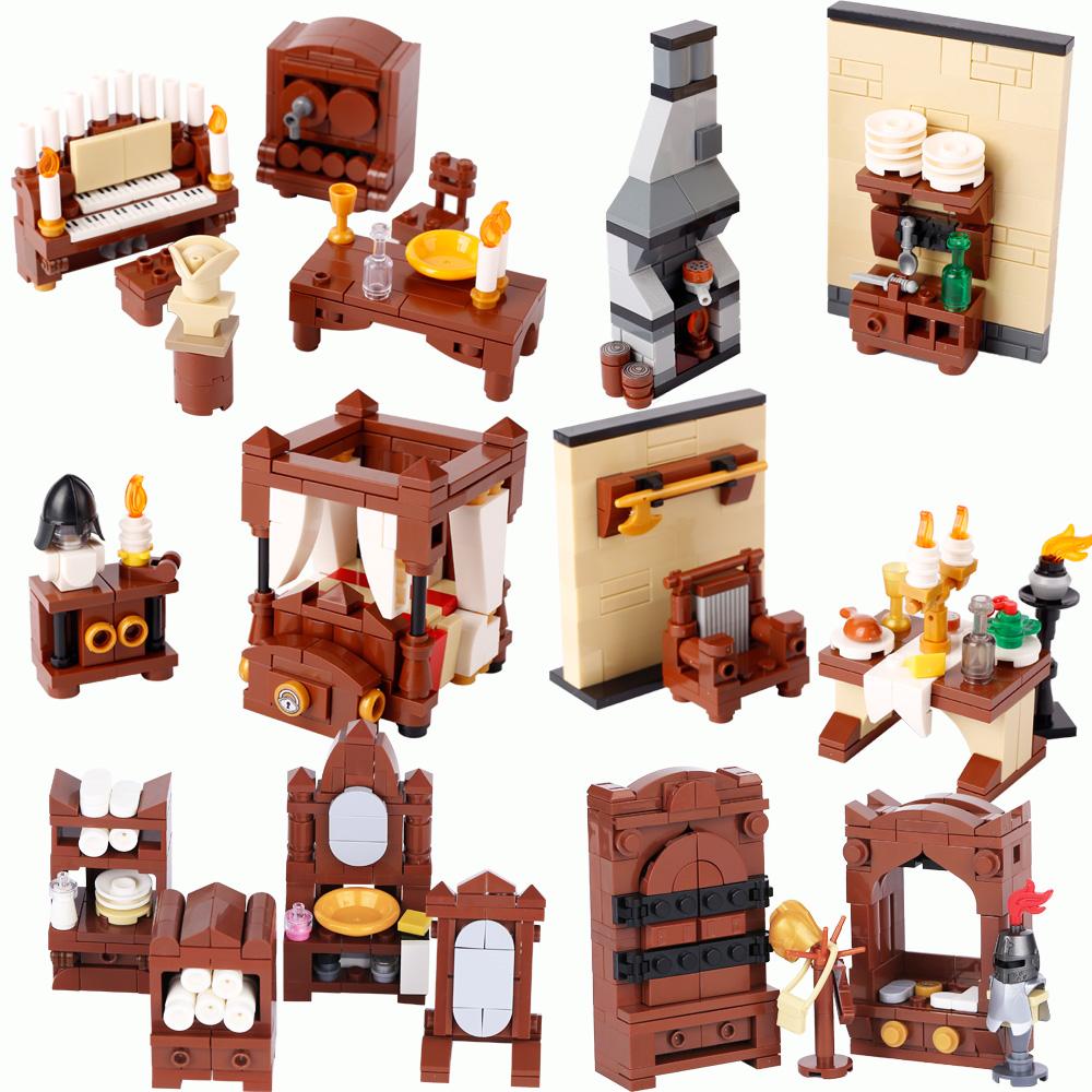 Средневековая Сцена MOC Строительные Блоки Дом Спальня Стол Мебель Кухня Рыцарь Кирпичи Сборка из Мелких Частиц Образовательные Игрушки