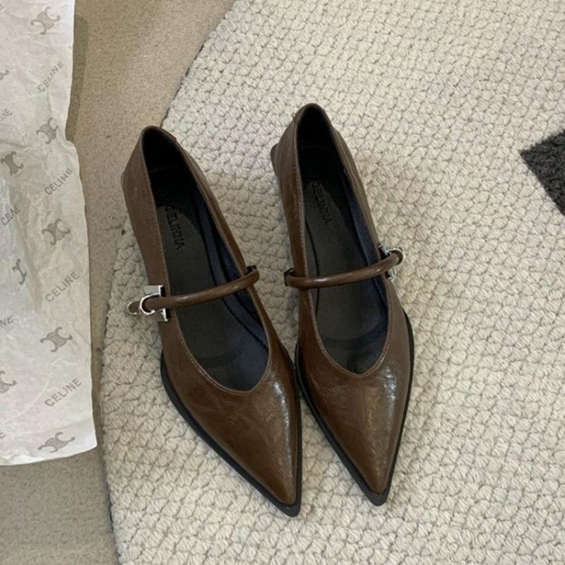 2024 Новые Ретро Остроносые Одинарные Женские Туфли Универсальный Ремешок на Одну Линию Повседневные Толстый Каблук Неглубокие Металлическая Пряжка Низкий Каблук Женская Обувь