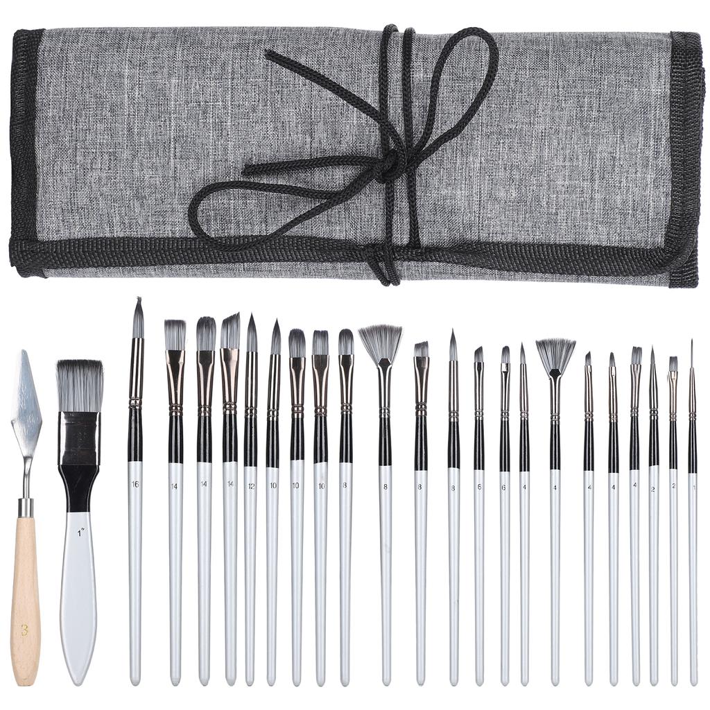 24Pcs Painting Brush Set Nylon Wool Wooden Handle with Bag for Acrylic Watercolor PaintGray