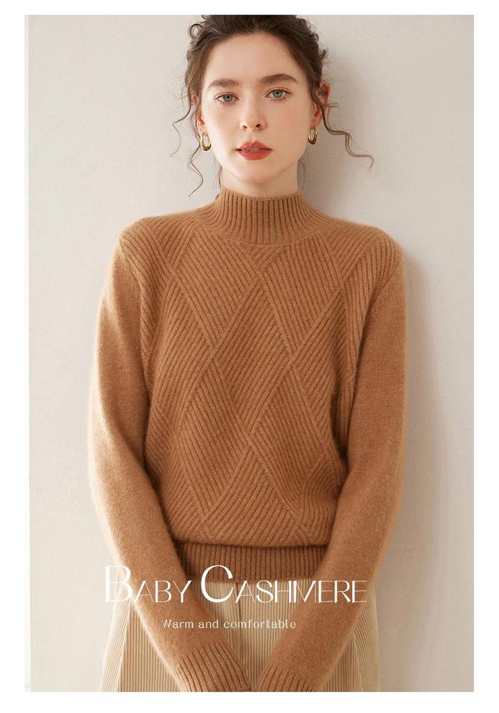 Women's Red Diamond Pattern Cashmere Sweater: Half-High Collar, Thickened, Plus Size, Loose, Warm, Autumn/Winter, Short Style.
