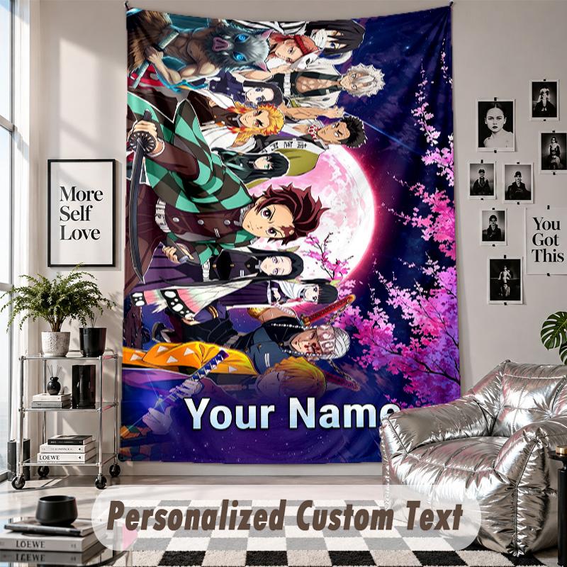 Wall Hanging Tapestry With Custom Name & Text, Demon Slayer Decorative Tapestry For Bedroom