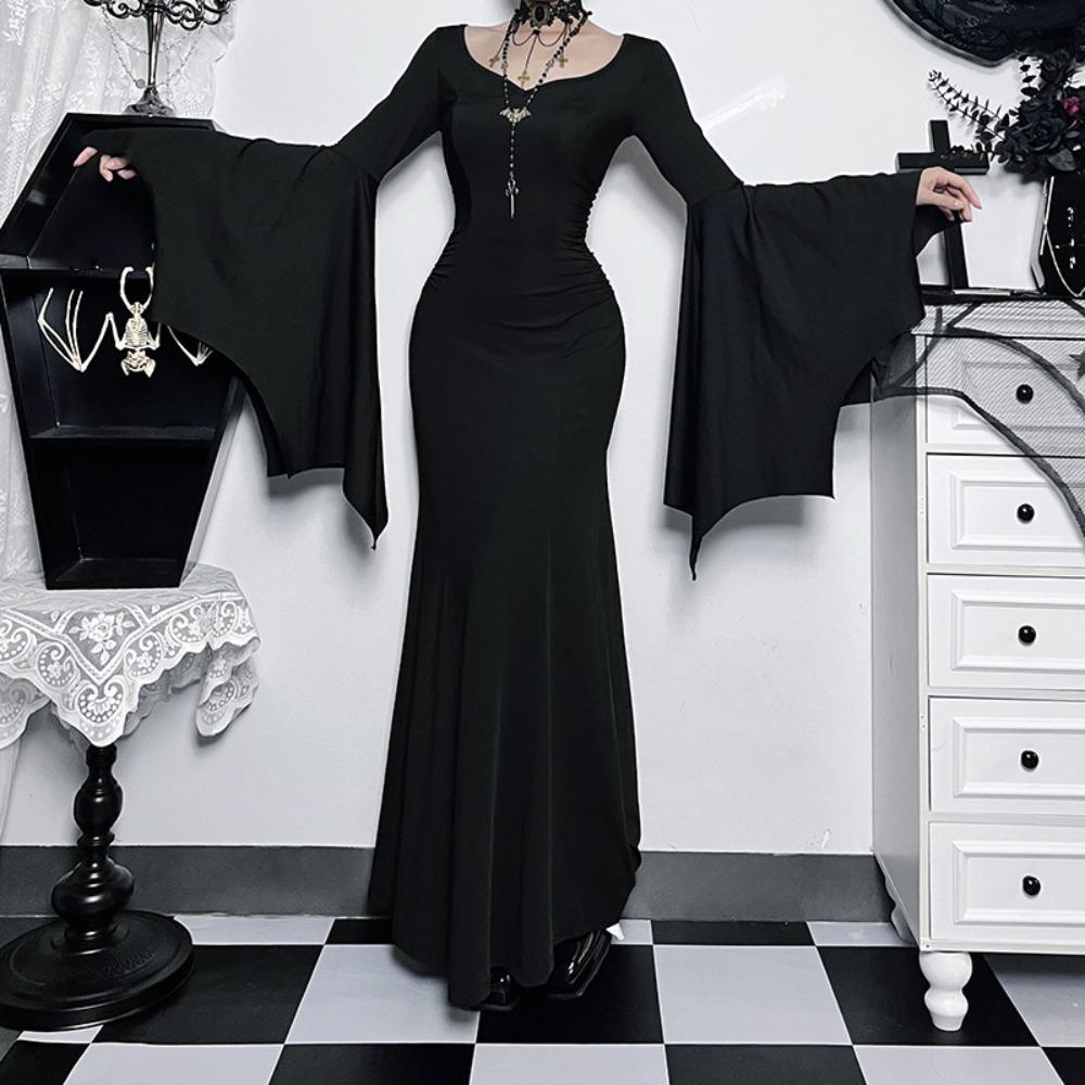 Black Batwing Sleeve Dress Patchwork Grunge Robe Bodycon Vintage Halloween Maxi Dress  Costume