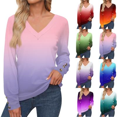 Женские топы с градиентным принтом, рубашка с длинным рукавом, V-образный вырез, повседневная свободная футболка, осенняя одежда