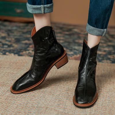 Мода 2025 Новые Осенние Кожаные Женские Сапоги Круглый Носок Массивный Каблук Сапоги для Женщин Модные Короткие Сапоги Зимние Сапоги Женские Ковбойские Сапоги