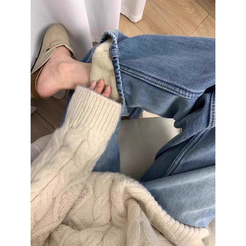 White high-waisted wide-leg piled and thickened jeans women's autumn and winter straight loose and thin floor pants