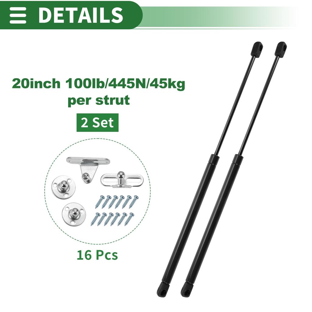 Motoforti Универсальные амортизаторы газовые упоры 20"/510 мм 100 фунтов/445 Н Черные с кронштейнами и винтами