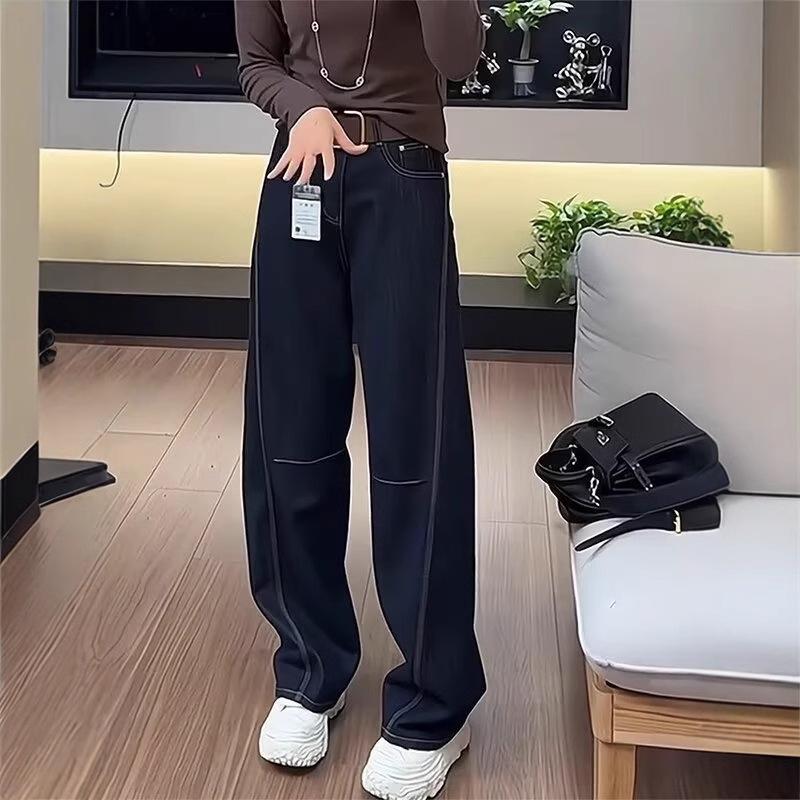 Женские джинсы широкие брюки в стиле ретро, европейский стиль - большой размер, тип фигуры "груша", стройнящие, универсальные для осени и зимы