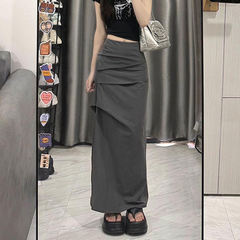 Design Sense Casual Midi Skirt for Women: High-Waist, Pleated, Slit, and Hip-Wrap Style for a Slim Look