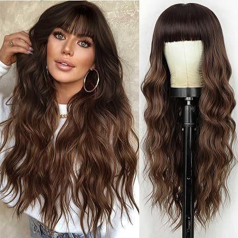 Bangs 26 Inches Deep Wave Body Wave Long Curly Synthetic Hair Wig Heat-Resistant Glueless European American Women High
