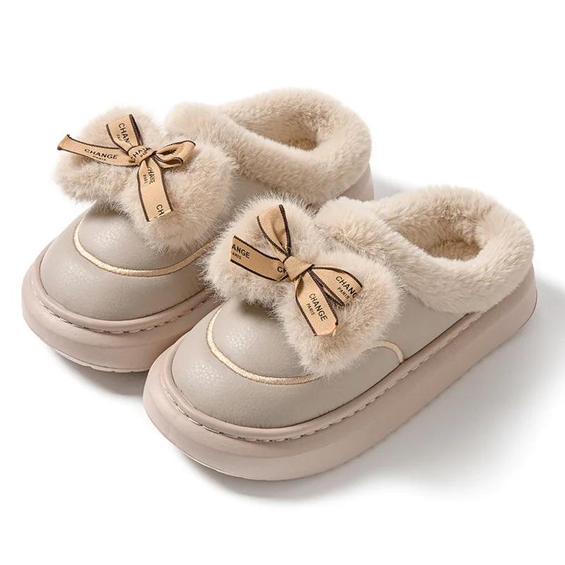 Теплые пушистые милые хлопковые тапочки с бантом для женщин, зимние удобные тапочки с мягкой подошвой, женские легкие нескользящие тапочки для дома