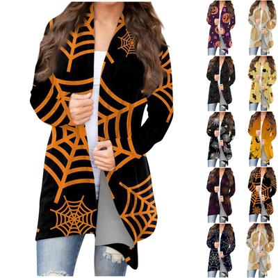 Женская мода, повседневный кардиган с принтом на Хэллоуин, средней длины, куртка, пальто