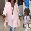 Women Shirt V-Neck Long Sleeve Side Split Hem Pullover Tops Solid Color Loose Fit Summer Shirt Daily Wear