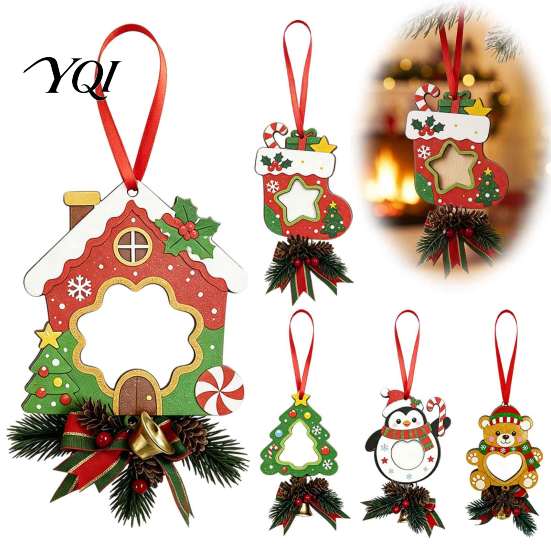 Custom Keepsake Gifts Wooden Christmas Tree Ornaments, 2D Stocking House Shaped Photo Frame Hanging Xmas Party Supplies Decor, Ornament for