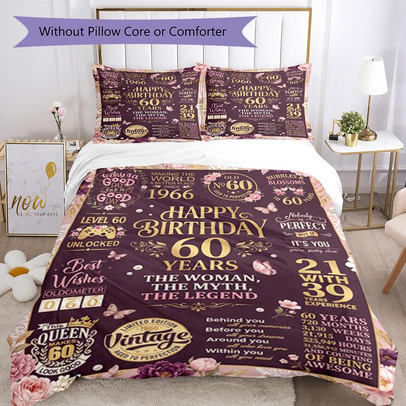 Happy 60th Birthday Celebration 3‑Piece Bedding Set,Soft Breathable Duvet Cover & 23 Pillowcases,Multi‑Purpose for Bedroom Dorm Guest Room,Great Festi