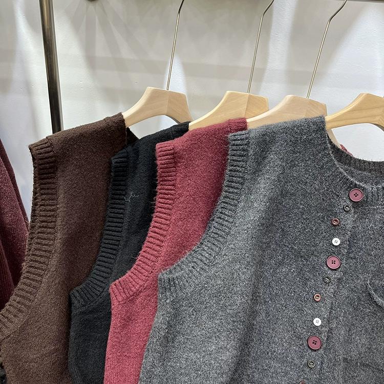 Dimanaf Осень 2025 Женский жилет без рукавов Вязаные свитера Пуговицы Красный Повседневный стиль Свободный свитер