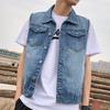 Men Lapel Sleeveless Denim Jacket Ripped Holes Pockets Single Breasted Washed Loose Fit Casual Waistcoat