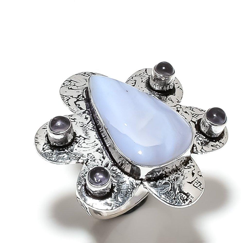 Blue Lace Agate, Amethyst Gemstone 925 Sterling Silver Jewelry Ring Size 7 l7B46