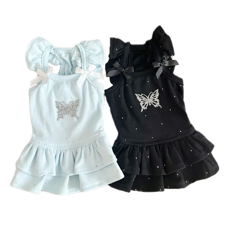3XS-XL Cotton Pet Dress Summer Spring Butterfly Rhinestone Princess Dress with Flutter Sleeves for Cats and Dogs