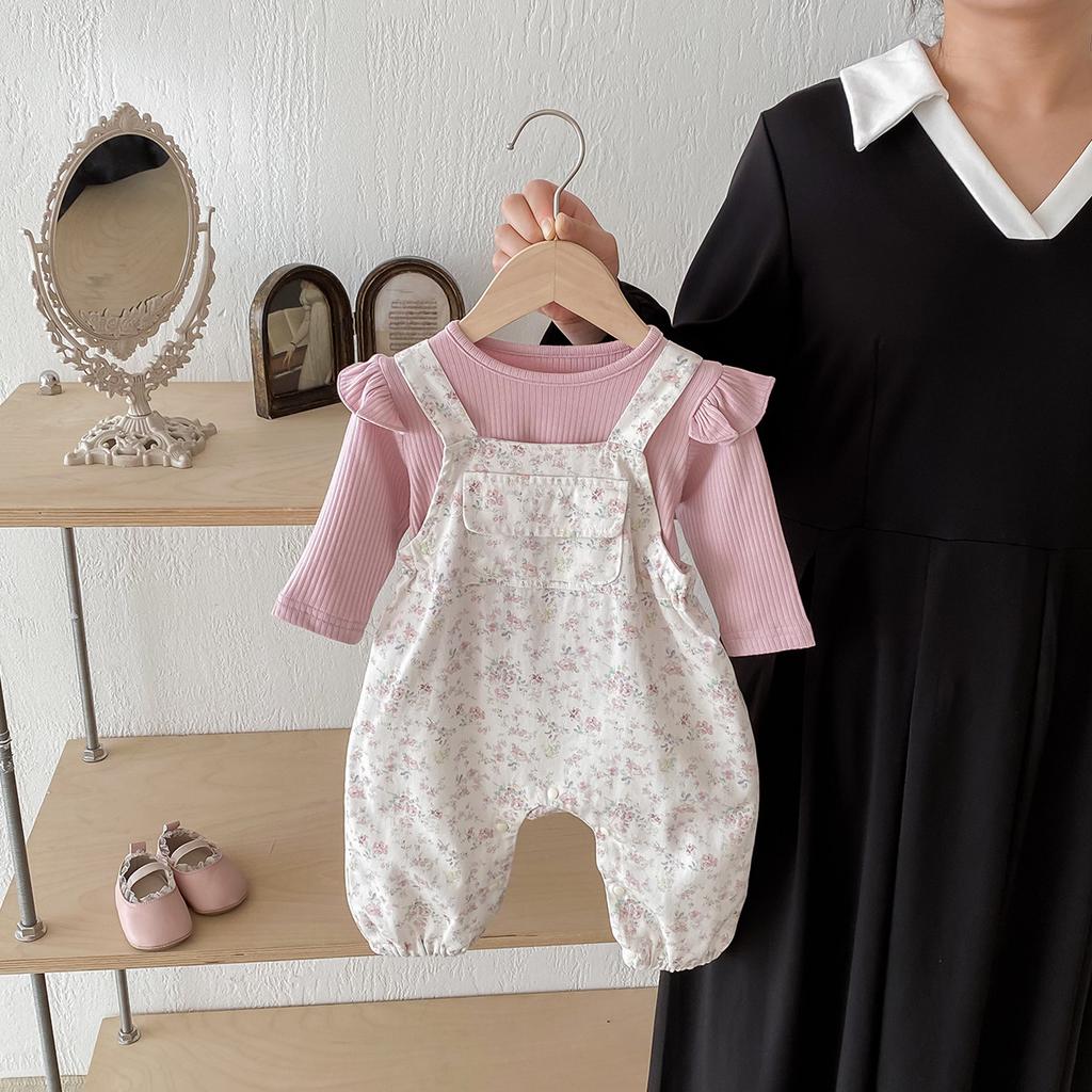 Baby Girl Floral Suspender Pants Two Piece Set Spring Autumn Infant Bodysuit Romper Newborn Outfit Clothes