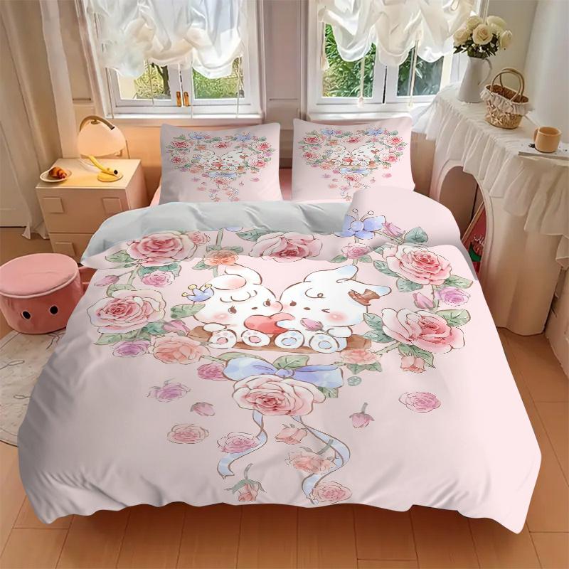 3pcs Love Flowers & Bunnies Printed Quilt Set - Soft and Comfortable Quilt Cover for Bedroom, Guest Room and Dormitory Decorative Bedding Se