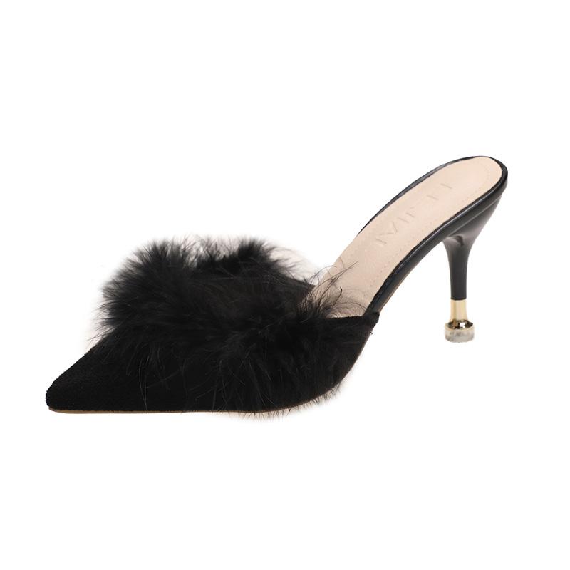 Женские туфли-мюли на высоком каблуке 2025 лето новая меховая модель с острым носком и тонким каблуком женские мюли для платья вечеринки для улицы женская обувь пантуфли