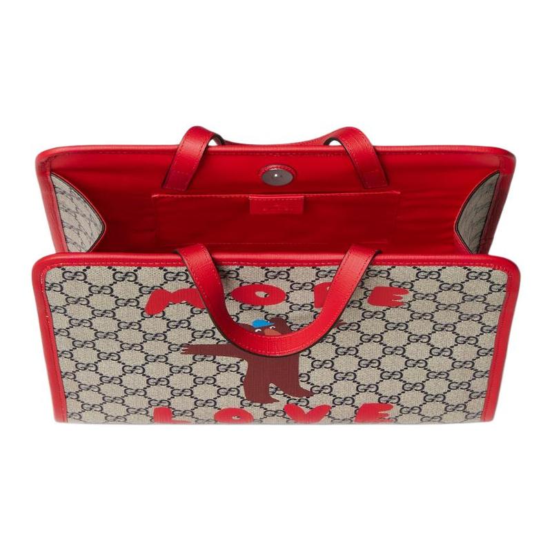 Gucci GG Supreme Bear Print Design Tote Bag Tote Bag Shopping Bag Nylon and Leather Handbag Children's Beige + Blue + Red