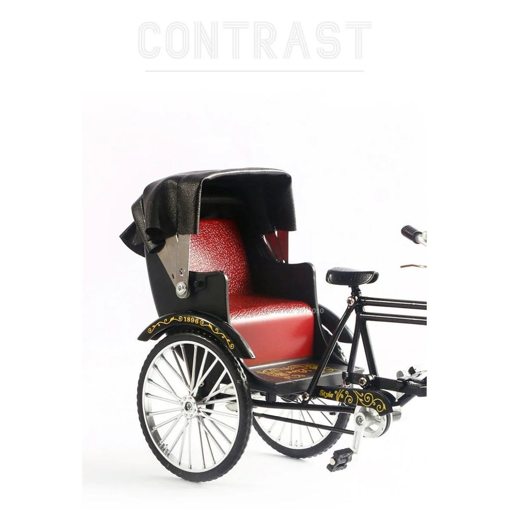 1/10 Scale Alloy Classic Retro Rickshaw Car Model Diecasts Metal Tricycle Handcart Vehicles Model Simulation Children Toys Gifts