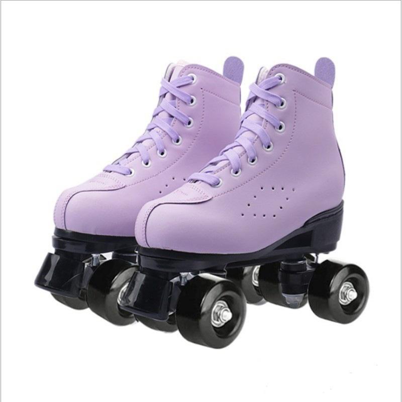 Adult Men's and Women's Double Rows of Leather Models Green Skates Four Roller Skates Pink Purple Flash Wheel Double Rows of Roller Skates