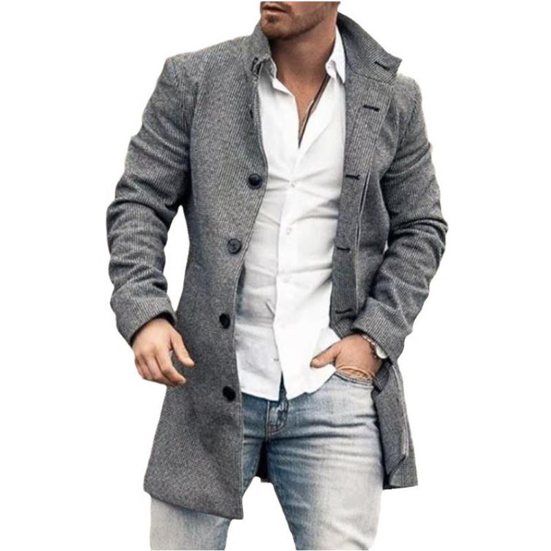 Men’s Long Wool Blend Printed Coat with Turn Down Collar