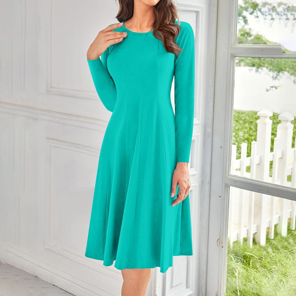 Женское повседневное модное платье миди с круглым вырезом и длинным рукавом