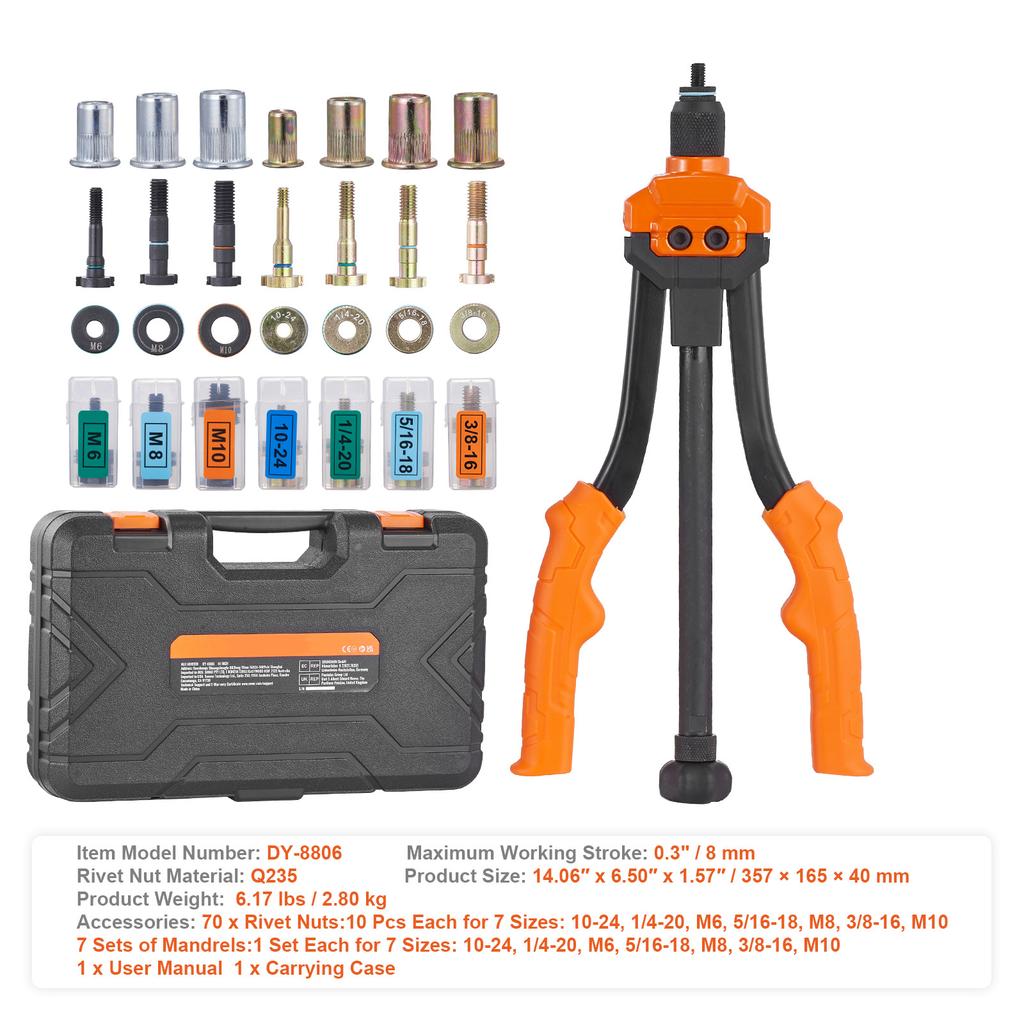 SucceBuy Инструмент для гаек-заклепок Набор инструментов Rivnut Метрические и SAE оправки 70 шт./186 шт. Гайки-заклепки с прочным кейсом для переноски
