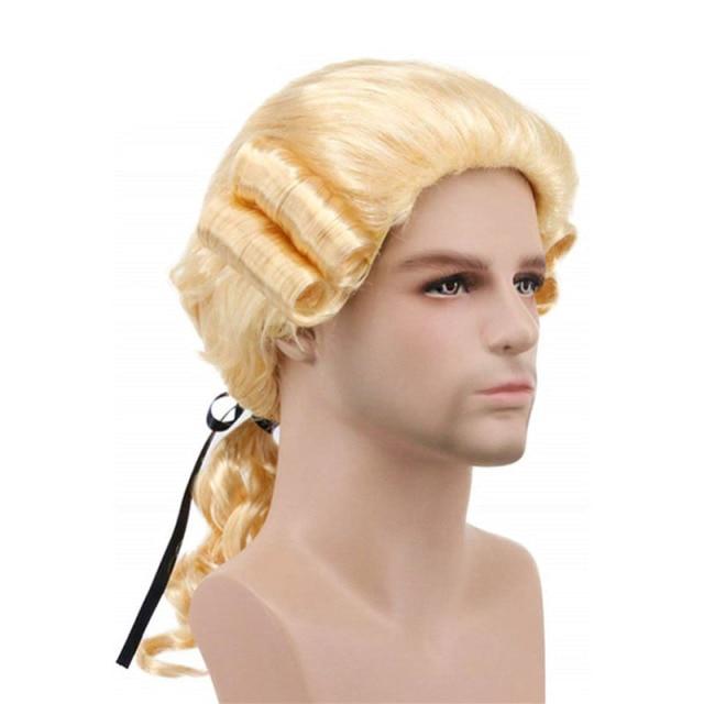 Grey White Black Lawyer Judge Baroque Curly Male Costume Wigs Deluxe Historical Long Synthetic Cosplay Wig for Halloween