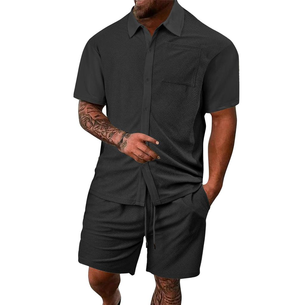Мужская летняя однотонная рубашка с коротким рукавом, карманом, пуговицами, лацканами и шортами