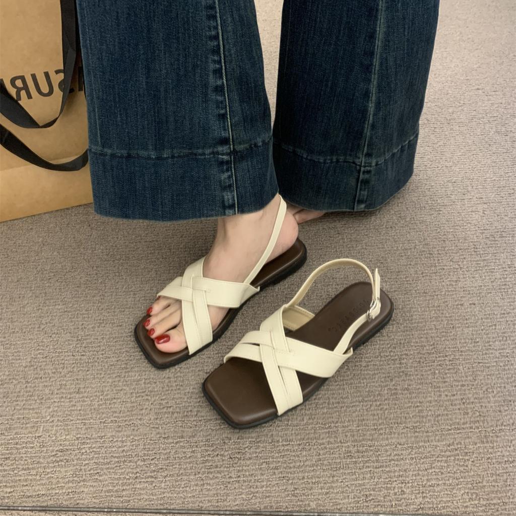 Модные удобные туфли с открытым носком для женщин, римские сандалии, дышащие, с перекрестными ремешками, лето 2025, пип-то, ретро, гладиаторские, новые квадратные балетки для девочек