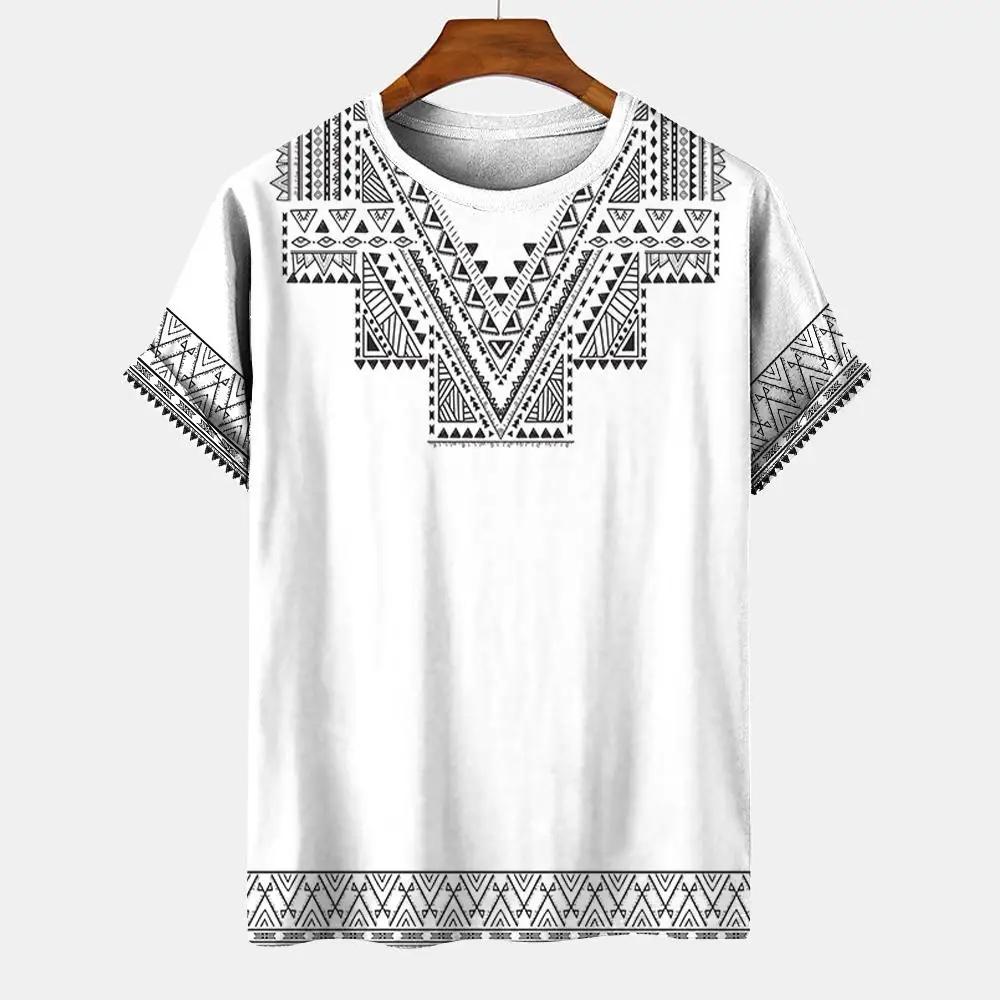 Летний винтажный этнический стиль, принт, уличная мода, круглый вырез, короткий рукав, досуг, отпуск, мужские футболки