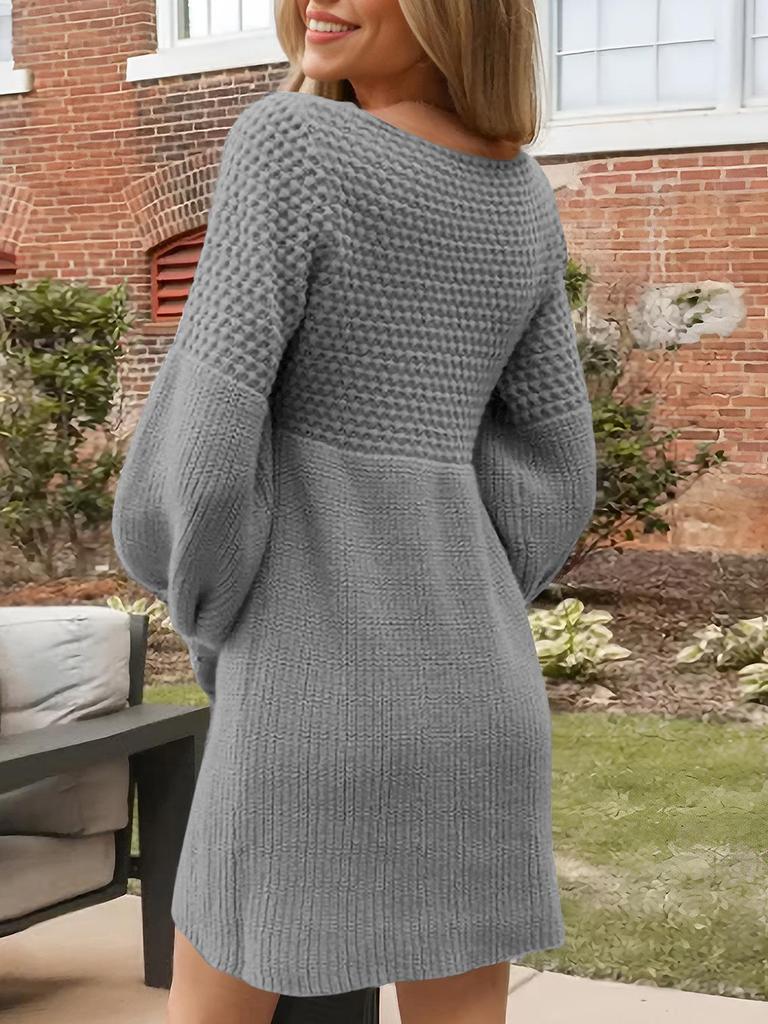 Вязаное платье-свитер с V-образным вырезом и рукавами-фонариками в стиле ретро - Европейский и американский осенне-зимний стиль