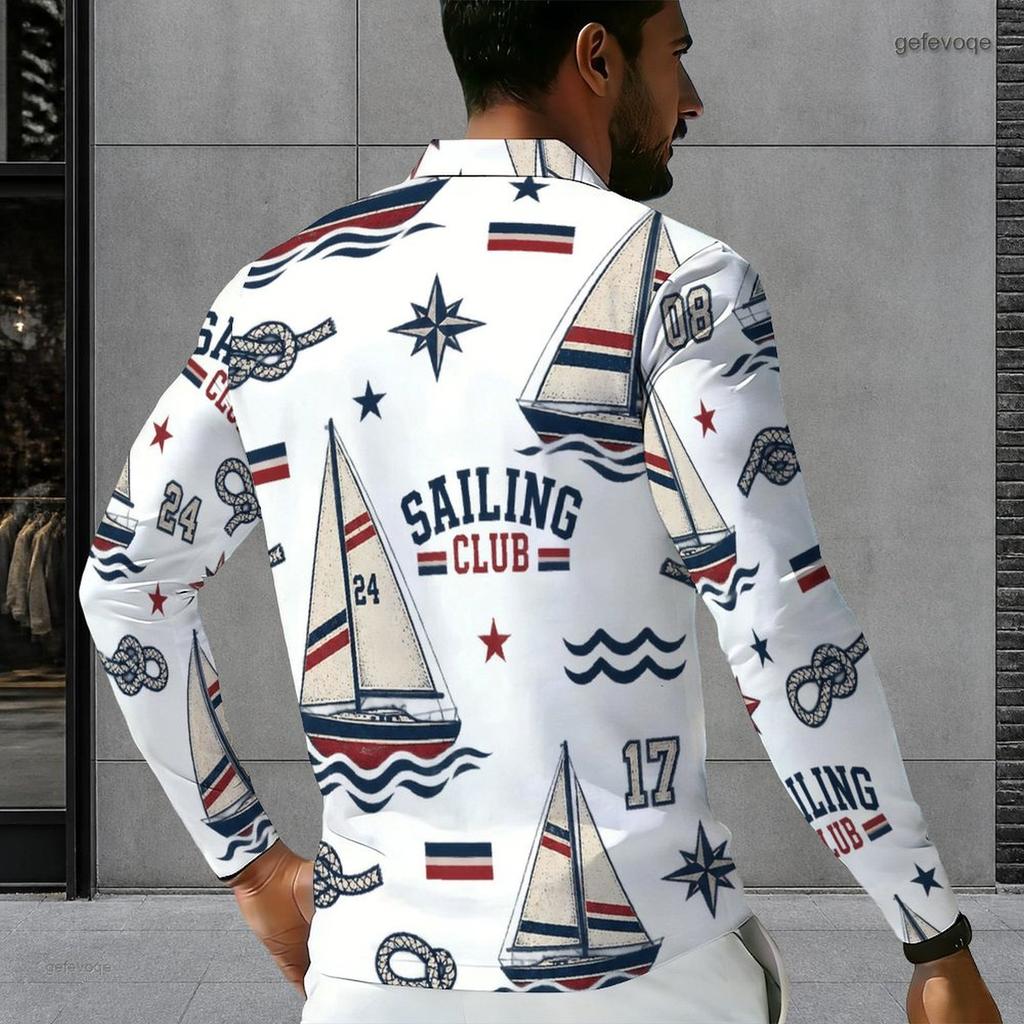 Men s Plus Size Long Sleeve Quarter Zip Collared Polo Shirt Sailing Printed White