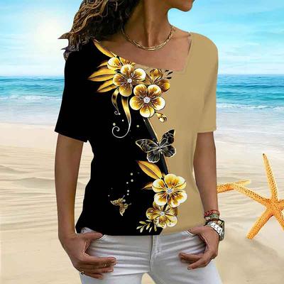 Женская футболка с 3D золотым цветочным принтом, фейерверком, цветением, нерегулярным воротником, с коротким рукавом и подложкой