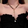 Leather Wrapped Alphabet Square Pearl Tassel Necklace French Light Luxury Premium Clavicle Chain Fashion New Jewelry