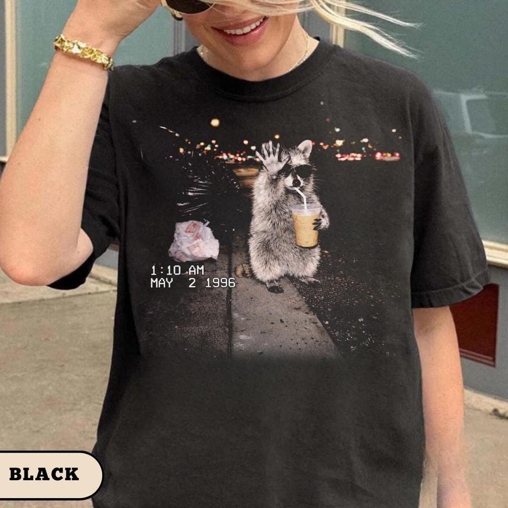 Raccoon Drinking Iced Coffee Shirt, Funny Animal Meme Tee, Coffee Lover Gift, Raccoon Tshirts, Unisex Graphic T Shirt