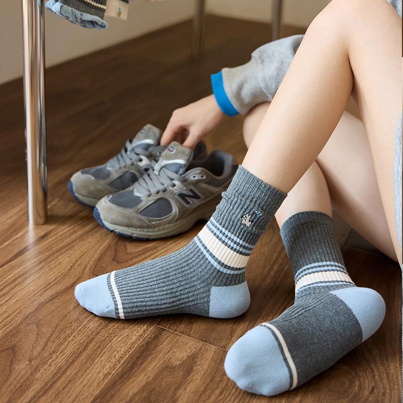 Women's Blue-Gray Striped Ruffled Socks with Lace Embroidery - Trendy Mid-Calf Style In Combed Cotton